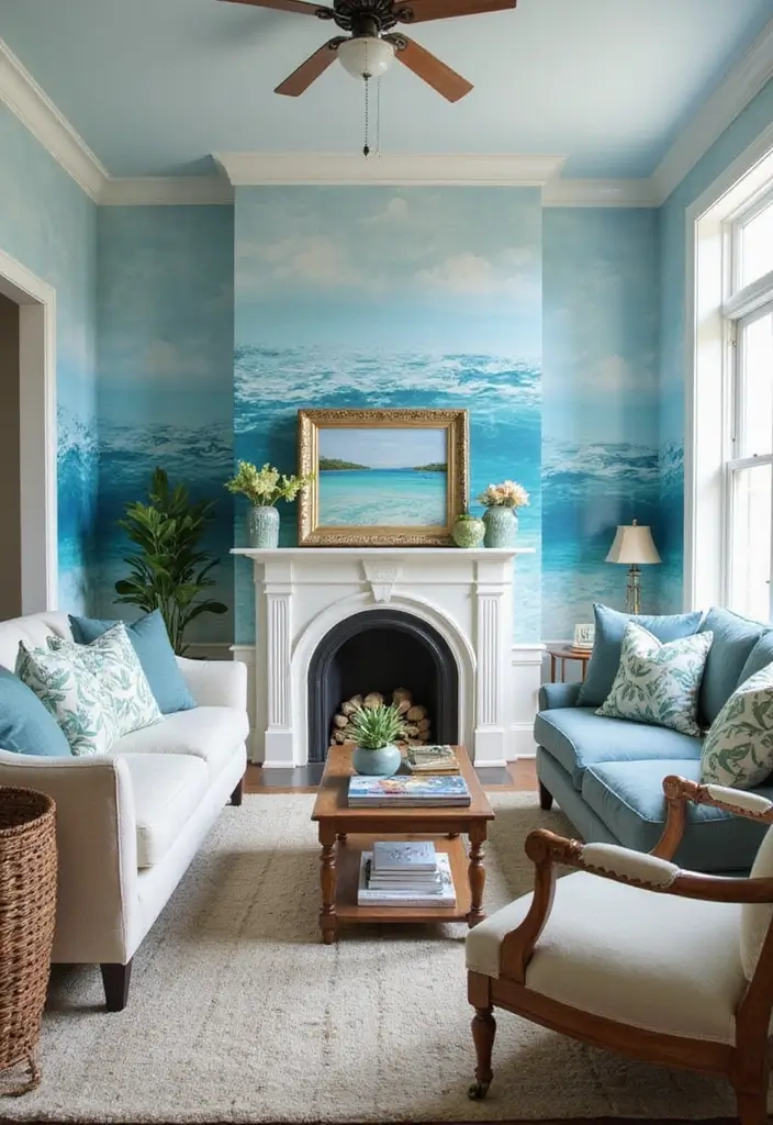 30 Beach Living Room Decor Ideas for a Coastal Vibe - 11. Beachy Accent Walls 1