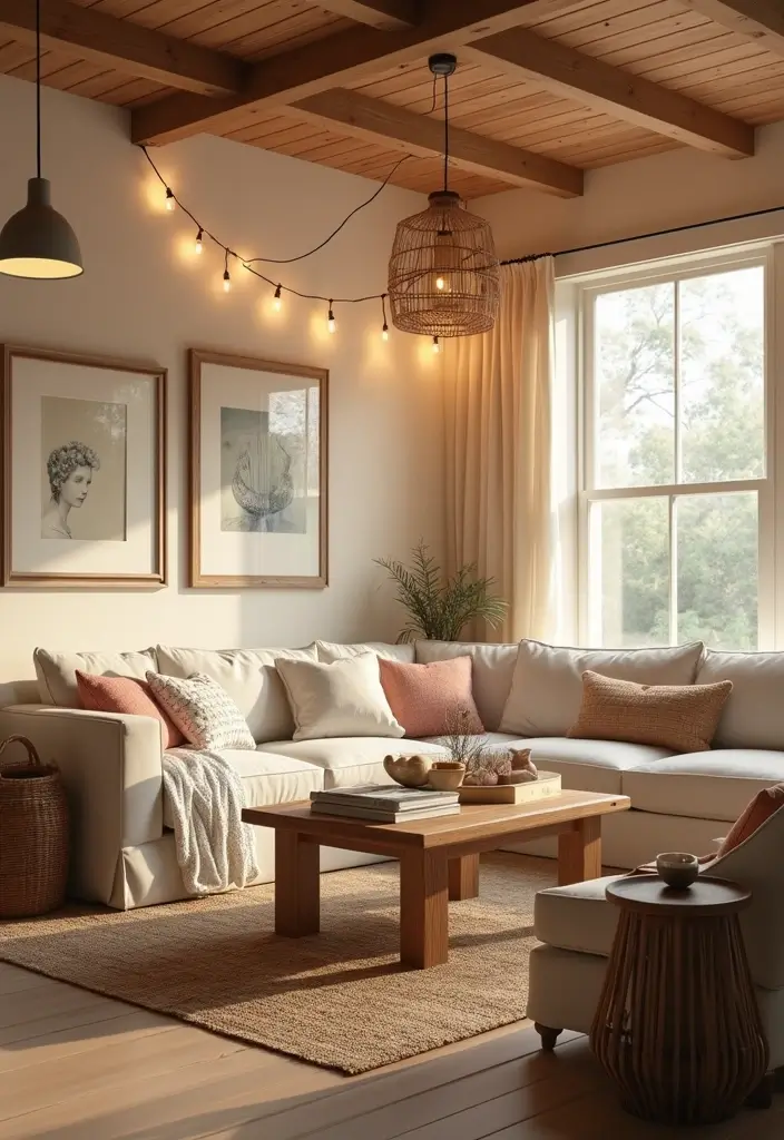 30 Beach Living Room Decor Ideas for a Coastal Vibe - 12. Layered Lighting 1