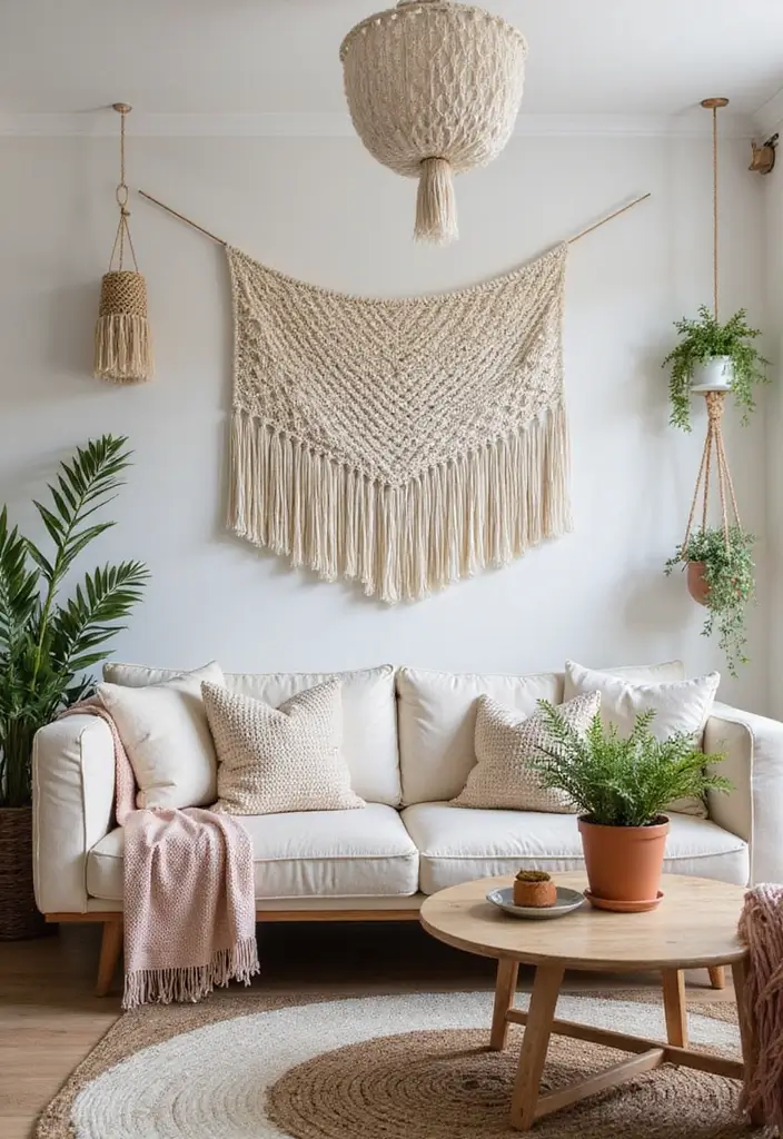 30 Beach Living Room Decor Ideas for a Coastal Vibe - 17. Knitted or Macramé Decor 1