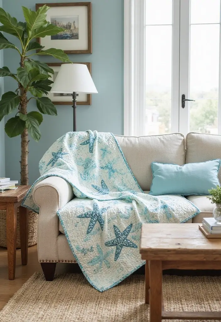 30 Beach Living Room Decor Ideas for a Coastal Vibe - 22. Beach-Inspired Quilts 1