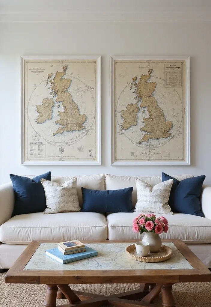 30 Beach Living Room Decor Ideas for a Coastal Vibe - 23. Nautical Map Decor 1