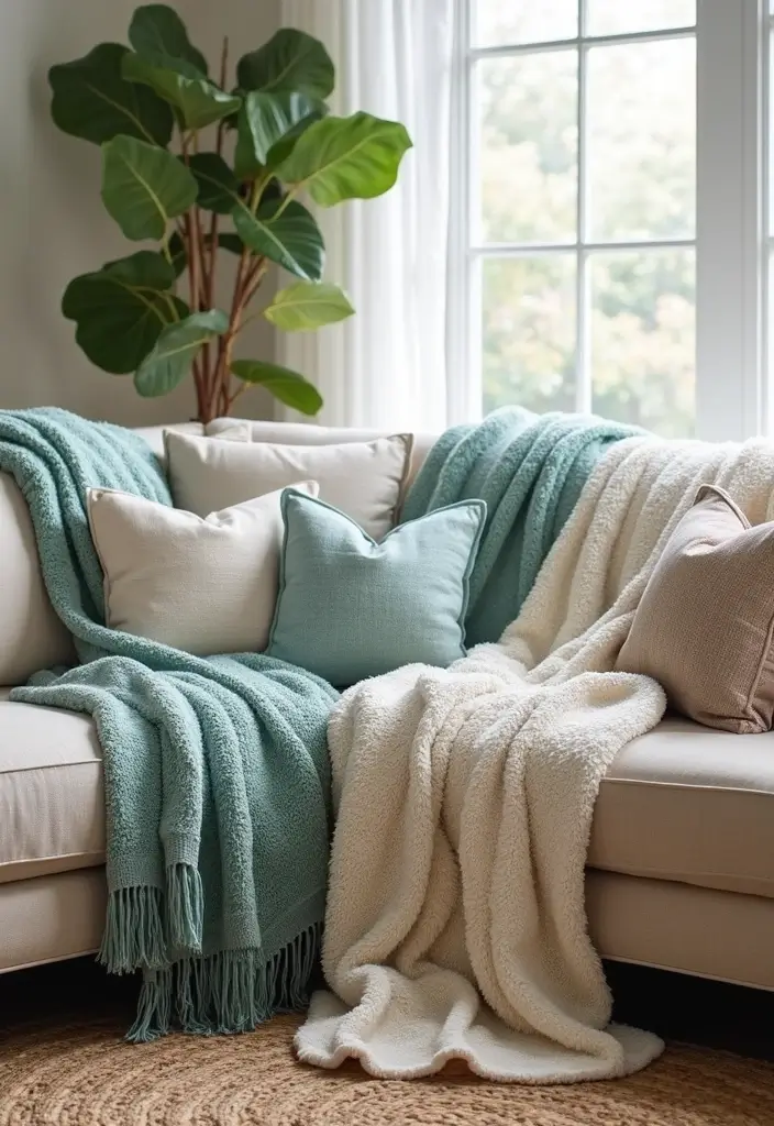 30 Beach Living Room Decor Ideas for a Coastal Vibe - 27. Seaside-Themed Throws 1