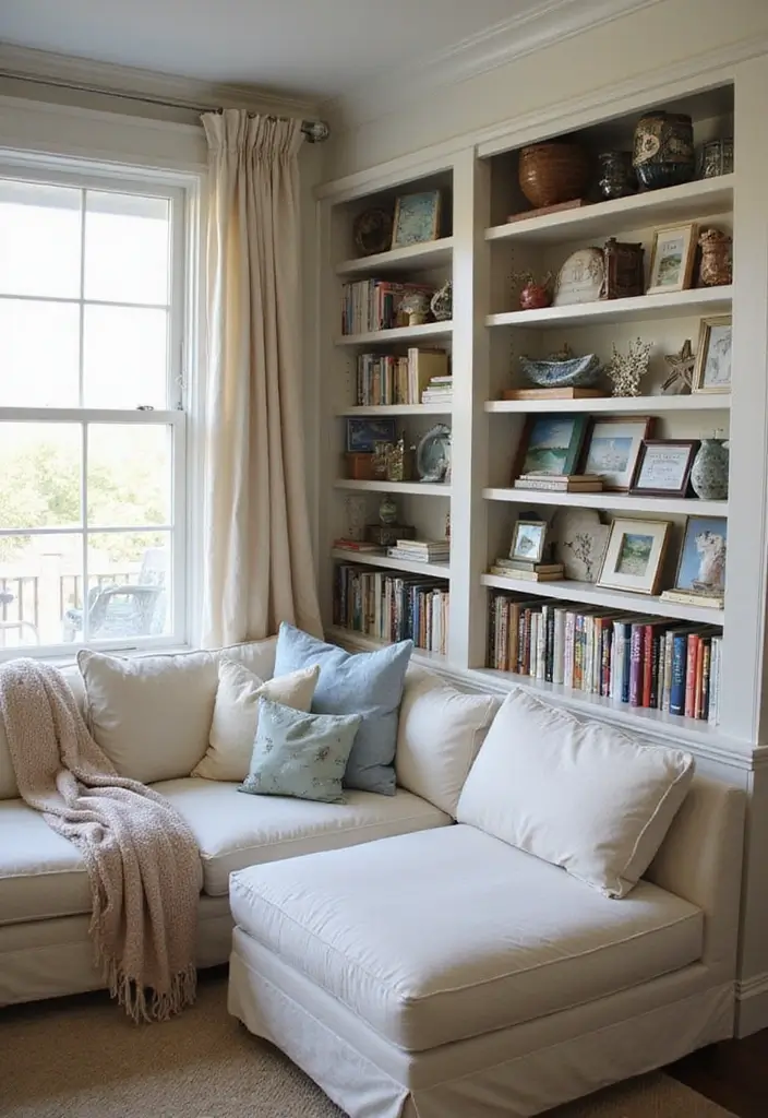 30 Beach Living Room Decor Ideas for a Coastal Vibe - 29. A Cozy Beach Reading Nook 1