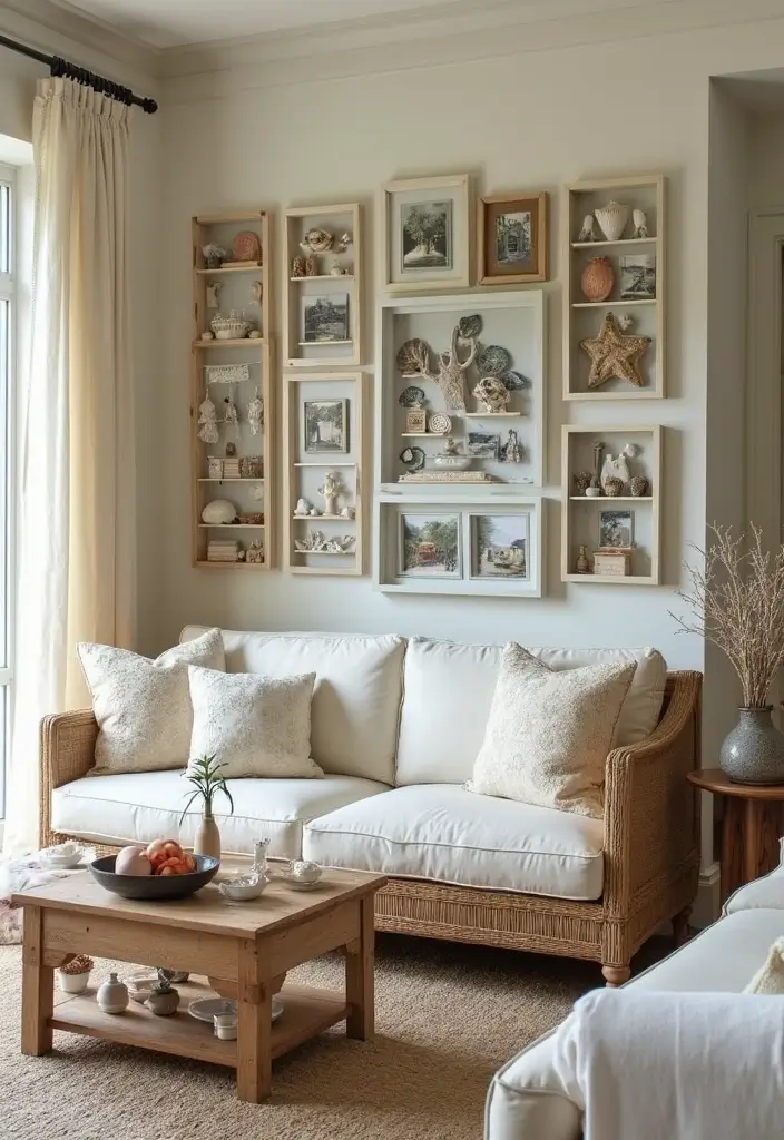 30 Beach Living Room Decor Ideas for a Coastal Vibe - 30. Personal Beach Memories as Decor 1