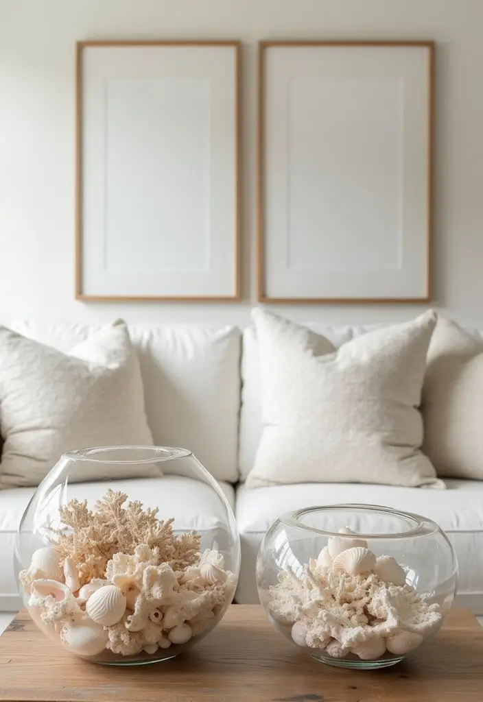 30 Beach Living Room Decor Ideas for a Coastal Vibe - 8. Shell and Coral Decor 1