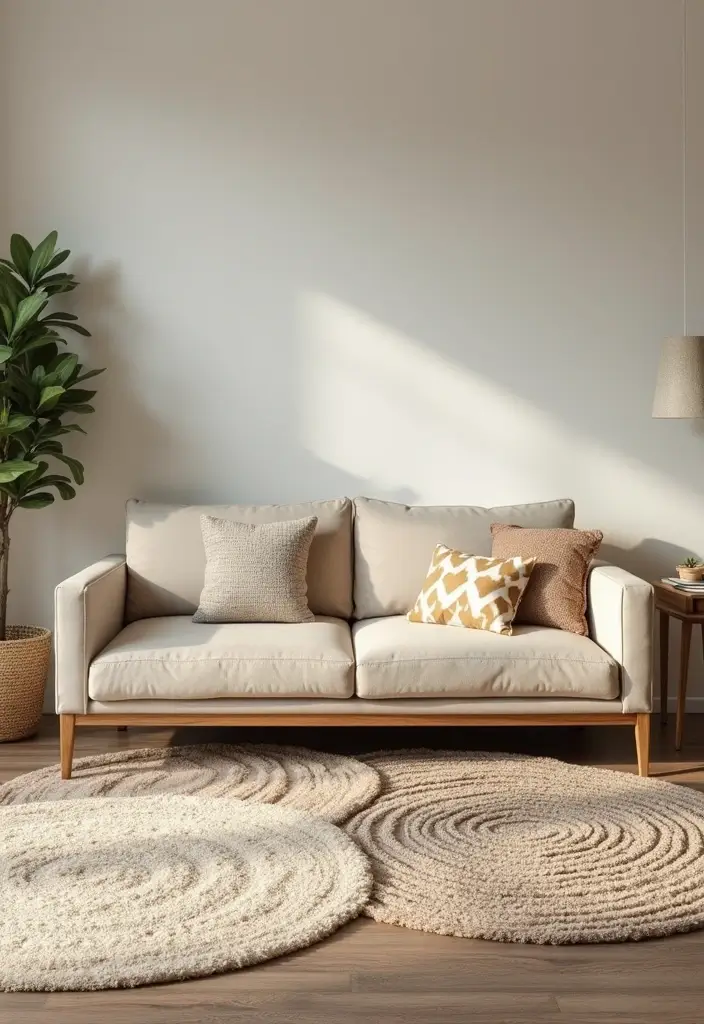 30 Beige Couch Living Room Decor Ideas - 11. Layered Area Rugs 1