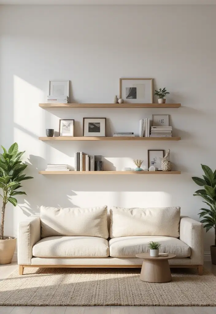 30 Beige Couch Living Room Decor Ideas - 12. Minimalist Shelving 1