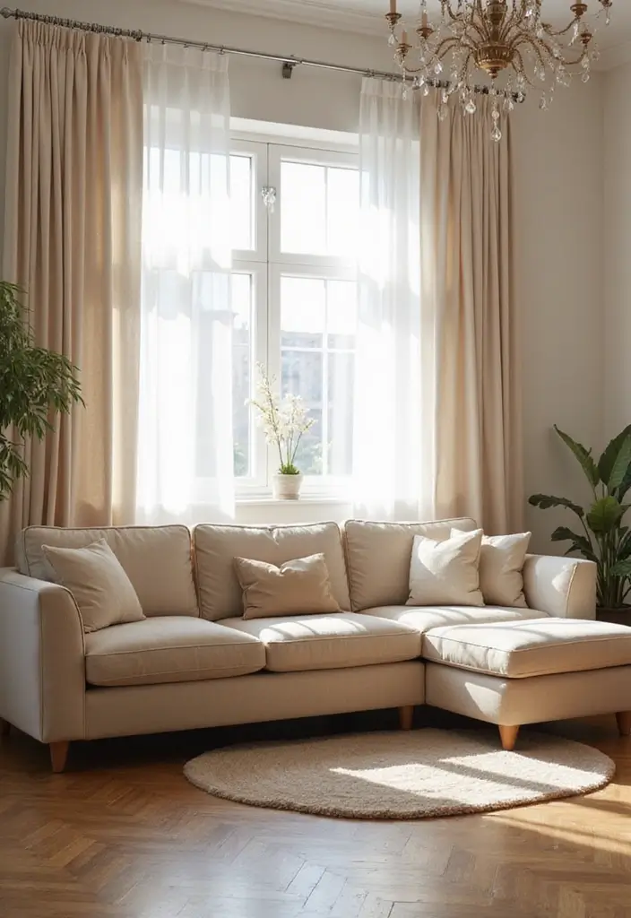 30 Beige Couch Living Room Decor Ideas - 14. Soft Curtains 1