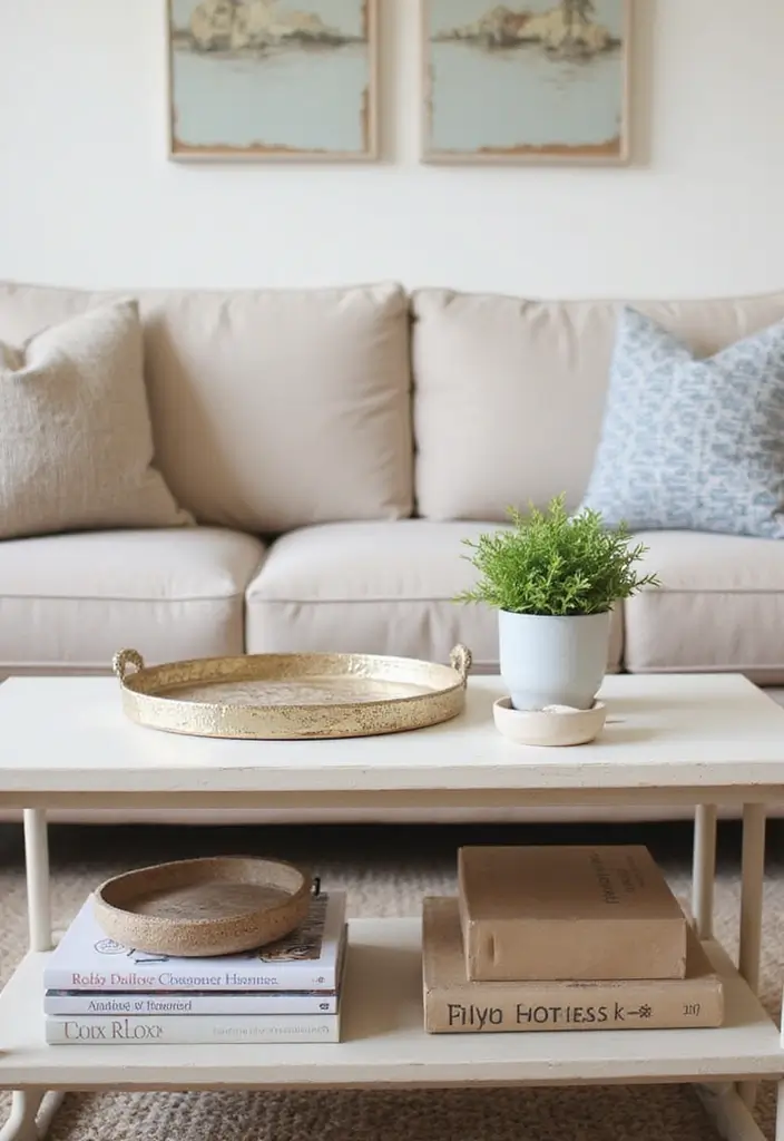 30 Beige Couch Living Room Decor Ideas - 21. A Multi-layered Coffee Table 1
