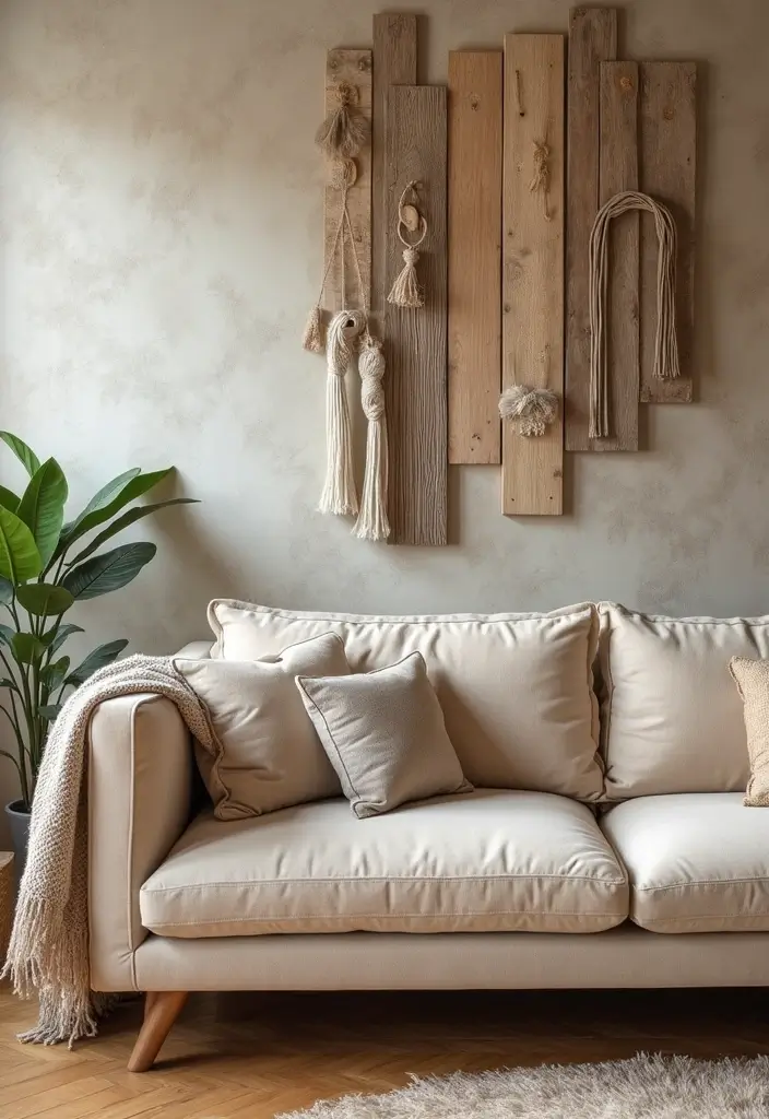 30 Beige Couch Living Room Decor Ideas - 22. Texture Play on Walls 1