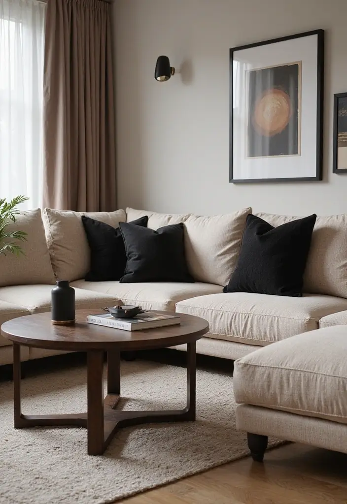 30 Beige Couch Living Room Decor Ideas - 24. Contrast with Darker Elements 1