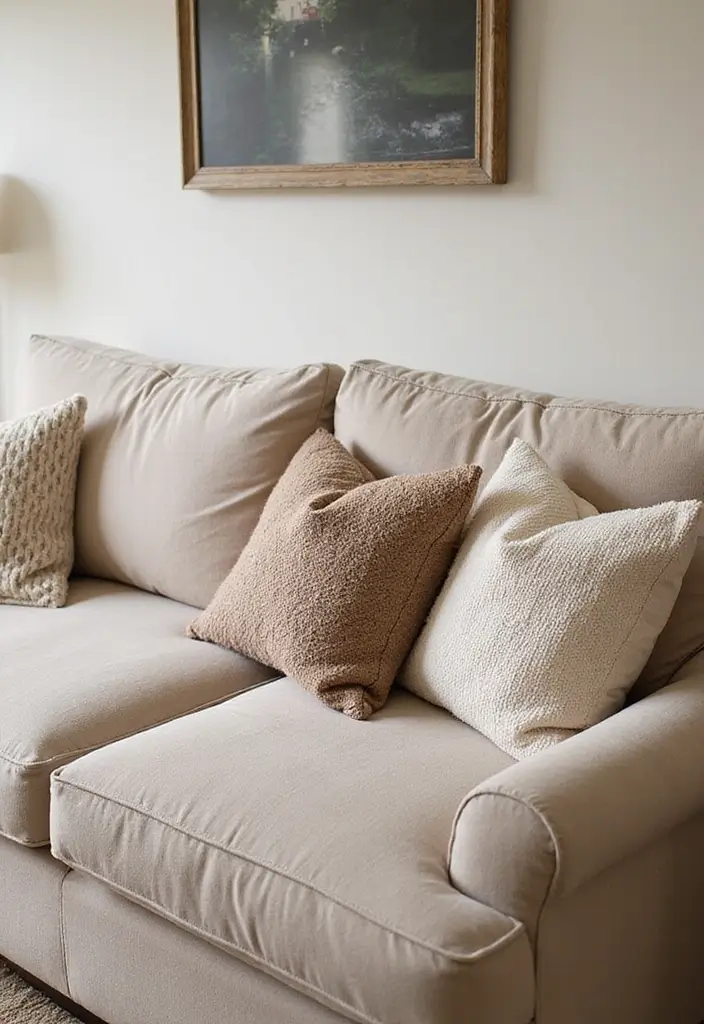 30 Beige Couch Living Room Decor Ideas - 4. Cozy Throw Pillows 1