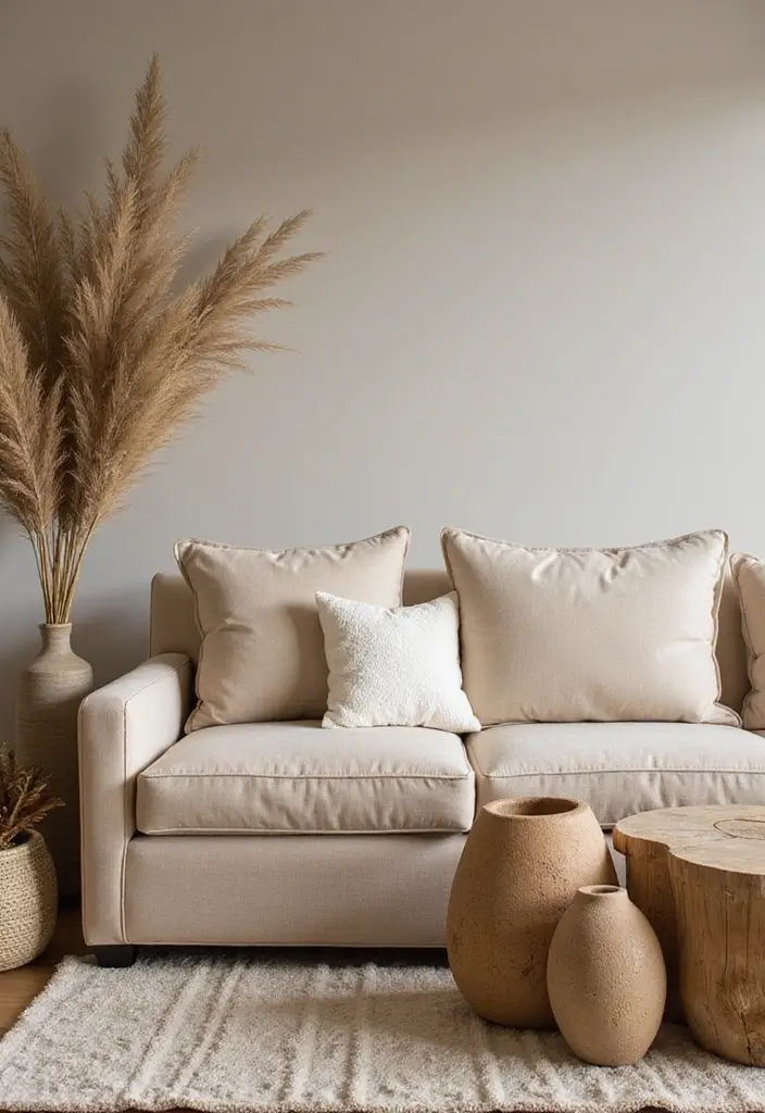 30 Beige Couch Living Room Decor Ideas - 7. Natural Elements 1