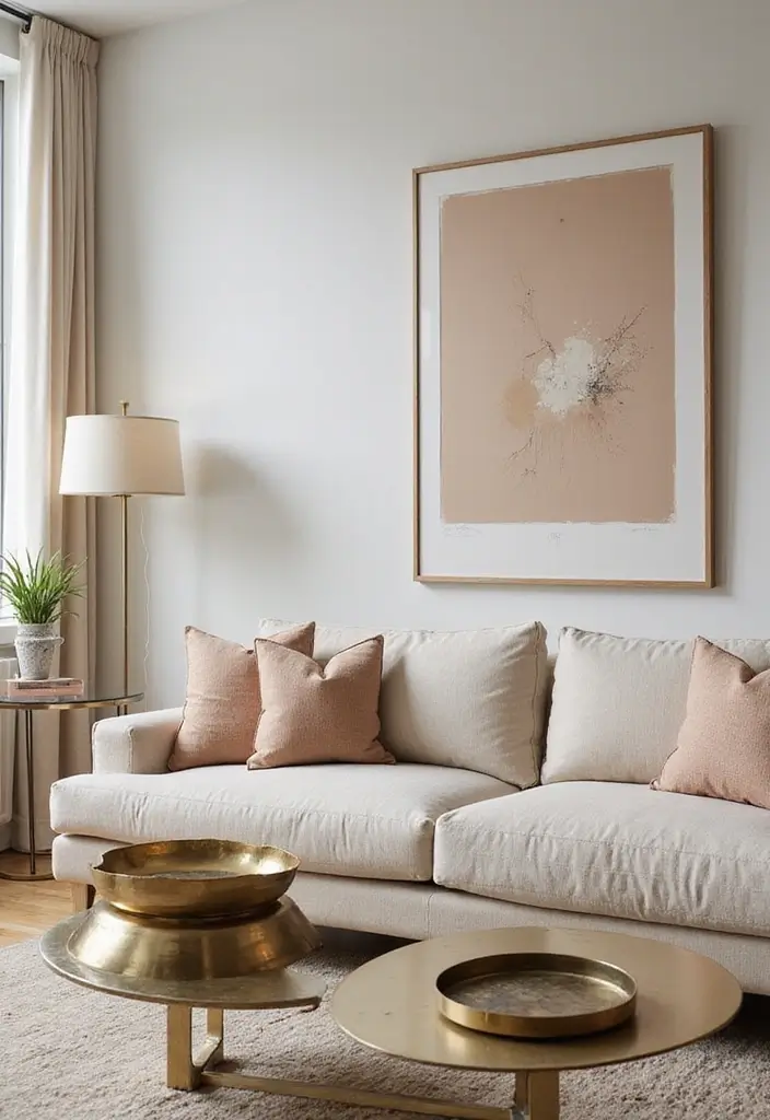 30 Beige Couch Living Room Decor Ideas - 9. Incorporate Metallic Accents 1