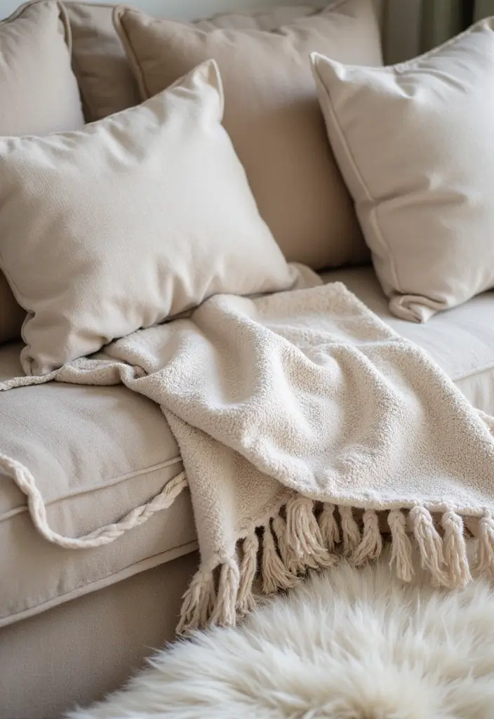 30 Beige Living Room Decor Ideas for a Neutral Look - 1. Neutral Textiles for Softness 1