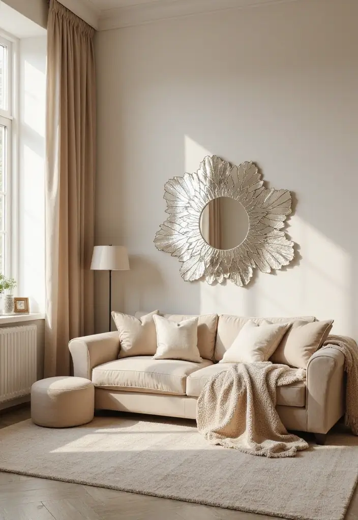 30 Beige Living Room Decor Ideas for a Neutral Look - 13. Incorporate Mirrors 1