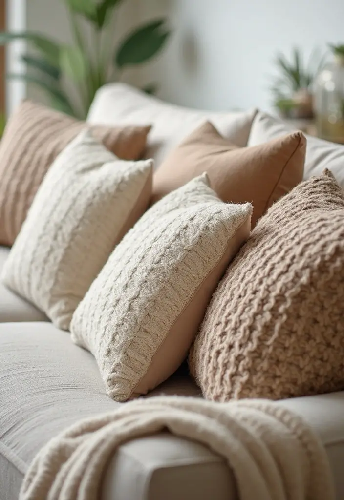 30 Beige Living Room Decor Ideas for a Neutral Look - 16. Textured Throw Pillows 1