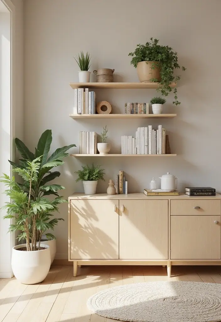 30 Beige Living Room Decor Ideas for a Neutral Look - 20. Minimalist Bookshelves 1