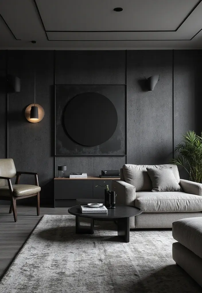 30 Black and Gray Living Room Decor Ideas - 1. Monochrome Statement Wall 1