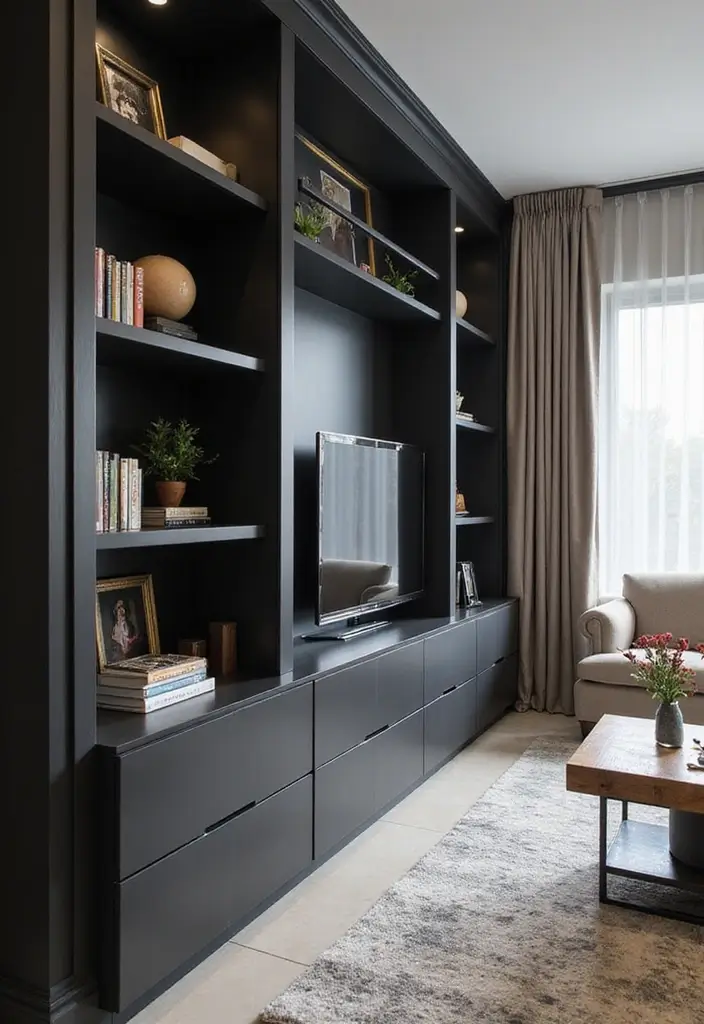 30 Black and Gray Living Room Decor Ideas - 10. Custom Built-ins 1