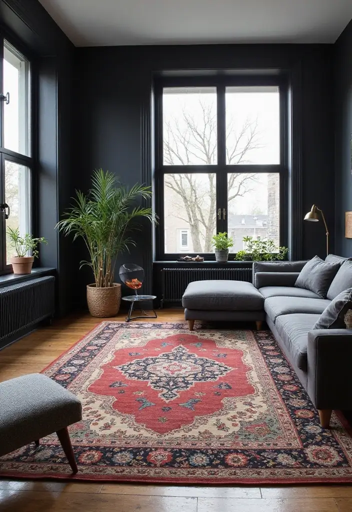 30 Black and Gray Living Room Decor Ideas - 12. Bold Rugs 1