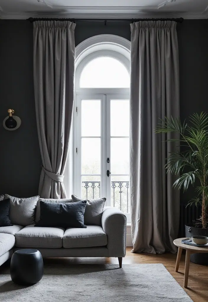 30 Black and Gray Living Room Decor Ideas - 13. Luxurious Curtains 1