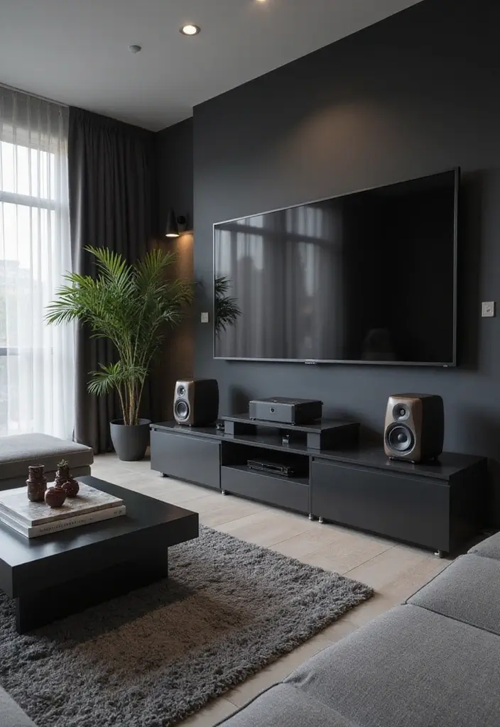 30 Black and Gray Living Room Decor Ideas - 15. Ambient Sound Systems 1