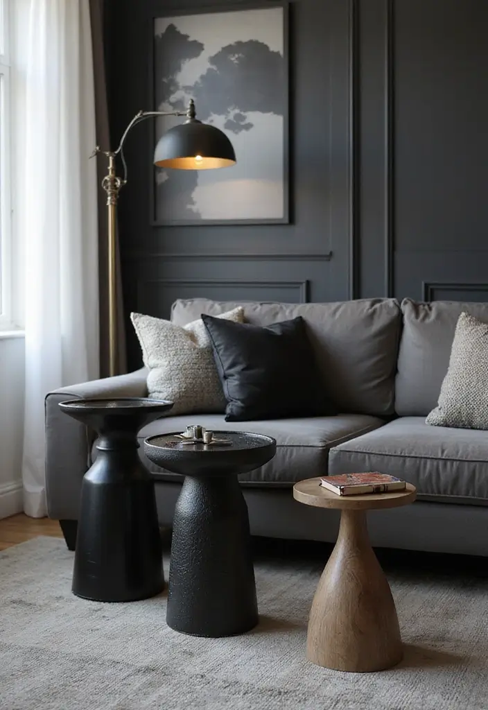 30 Black and Gray Living Room Decor Ideas - 18. Elegant Side Tables 1