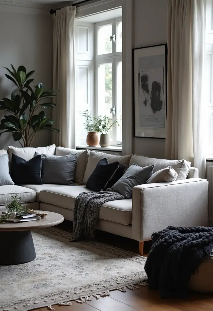 30 Black and Gray Living Room Decor Ideas - 2. Layered Textiles 1