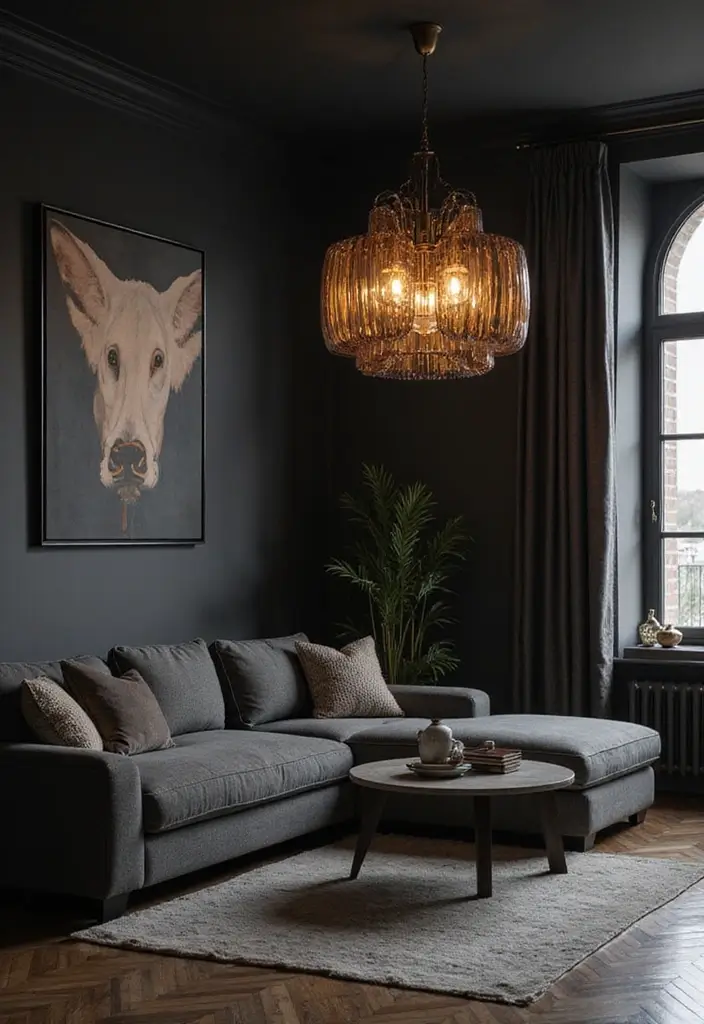 30 Black and Gray Living Room Decor Ideas - 21. Unique Lighting Fixtures 1