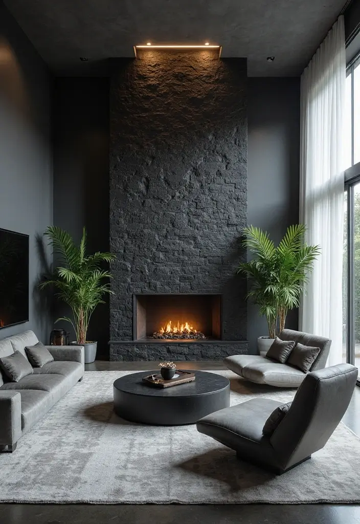 30 Black and Gray Living Room Decor Ideas - 22. Indoor Water Features 1