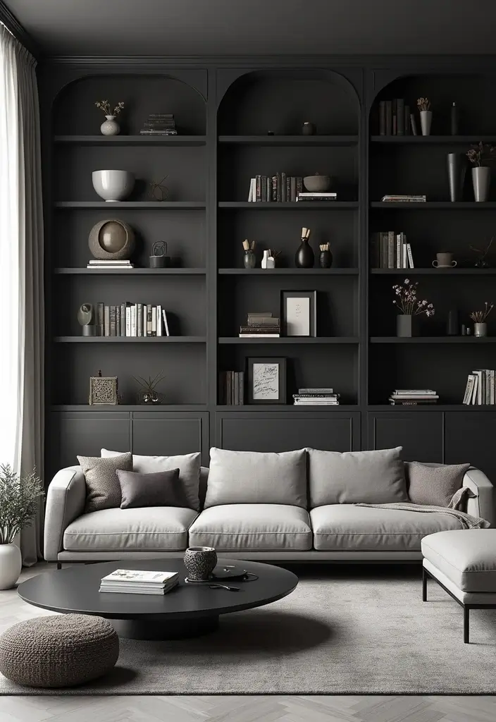 30 Black and Gray Living Room Decor Ideas - 23. Open Shelving 1