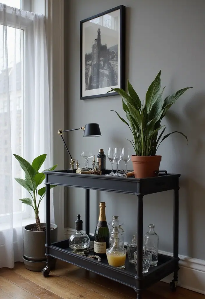 30 Black and Gray Living Room Decor Ideas - 24. Chic Bar Carts 1