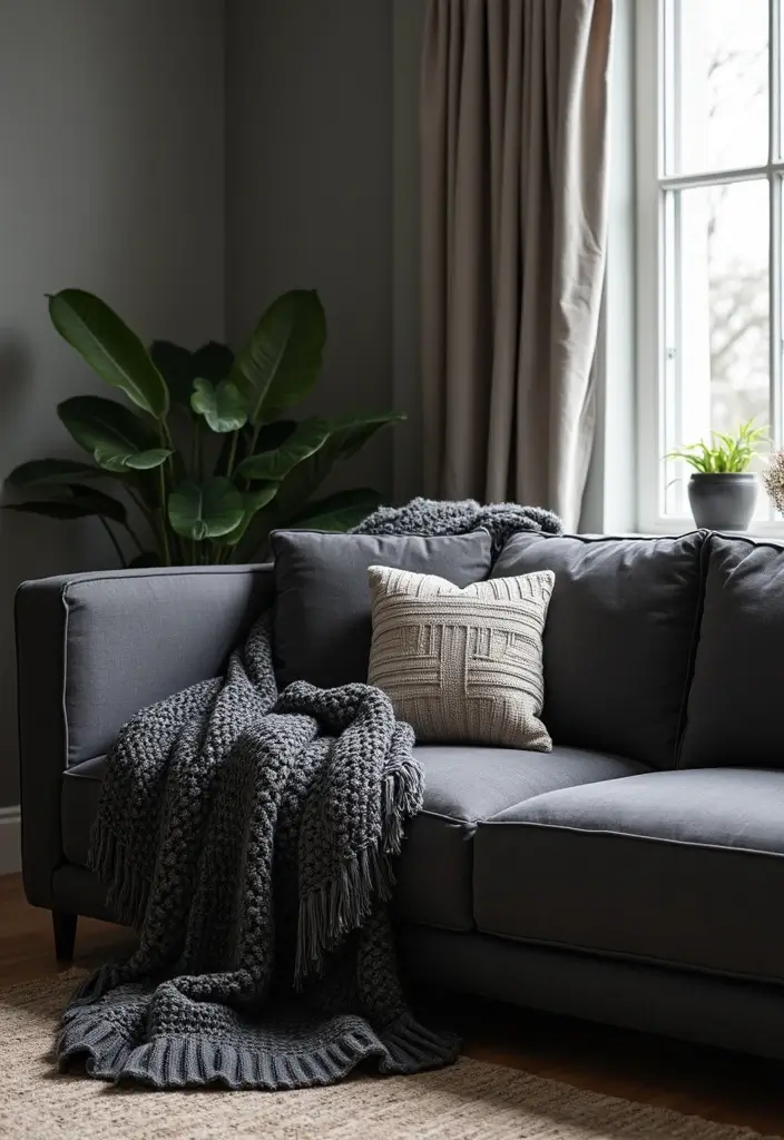 30 Black and Gray Living Room Decor Ideas - 26. Stylish Throw Blankets 1