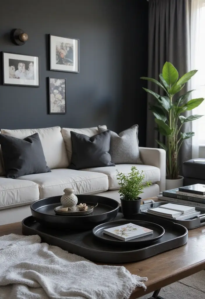 30 Black and Gray Living Room Decor Ideas - 27. Decorative Trays 1