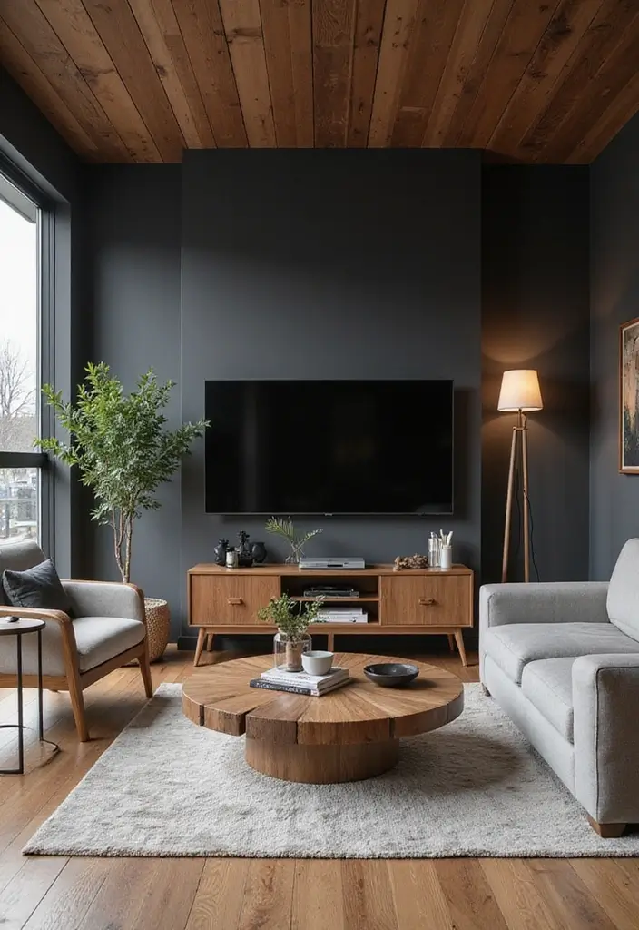 30 Black and Gray Living Room Decor Ideas - 8. Contrast with Wood Accents 1