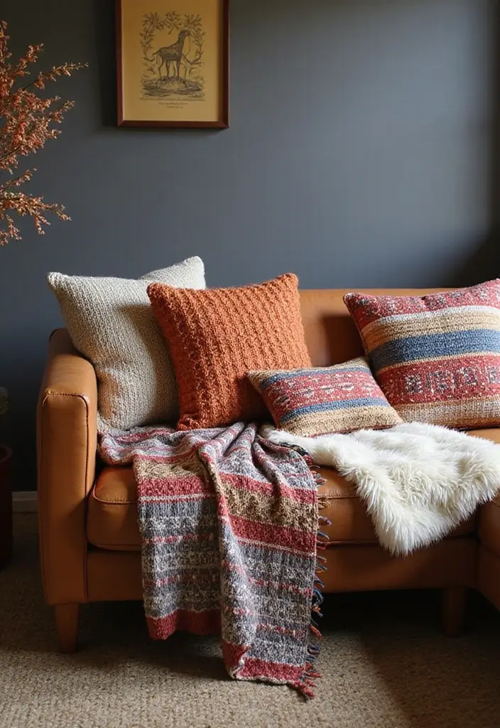 30 Brown Leather Couch Decor Ideas for Living Rooms - 1. Layered Textiles 1