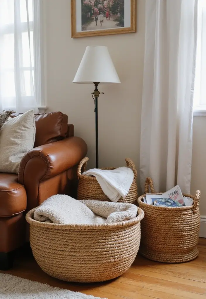 30 Brown Leather Couch Decor Ideas for Living Rooms - 10. Woven Baskets 1