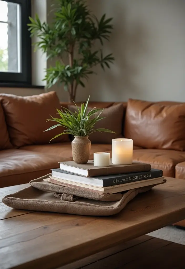 30 Brown Leather Couch Decor Ideas for Living Rooms - 12. Unique Coffee Table Books 1
