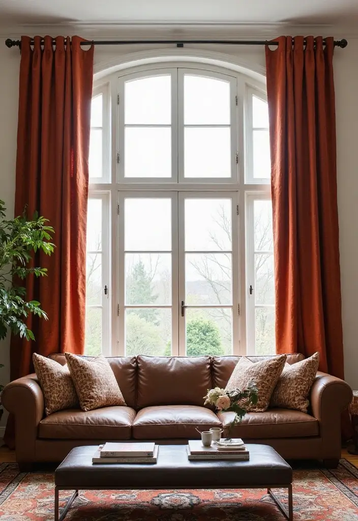 30 Brown Leather Couch Decor Ideas for Living Rooms - 13. Statement Drapes 1