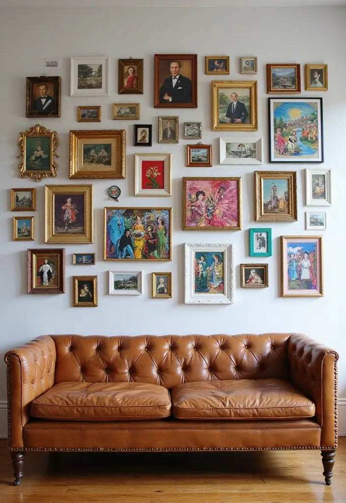 30 Brown Leather Couch Decor Ideas for Living Rooms - 15. Colorful Gallery Wall 1