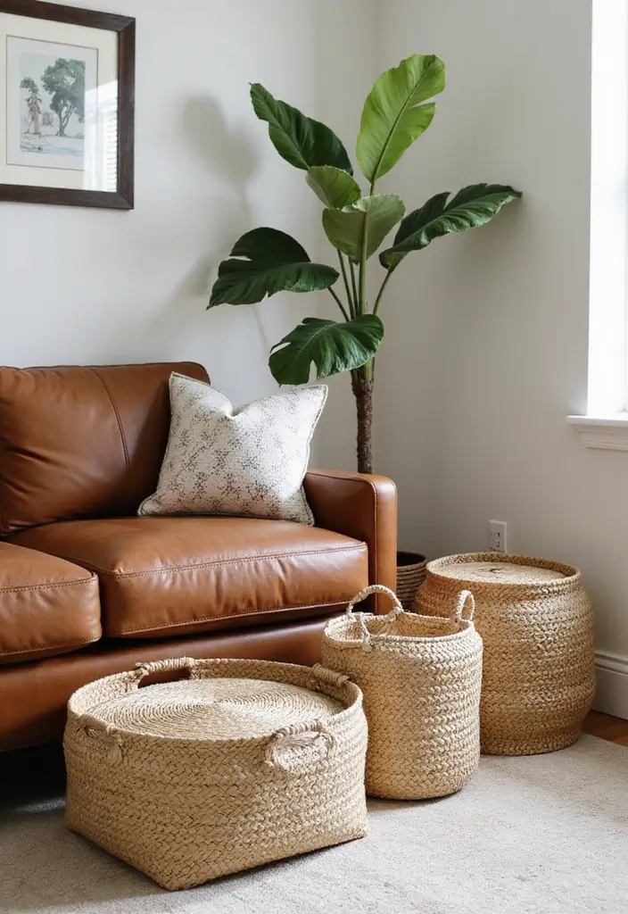 30 Brown Leather Couch Decor Ideas for Living Rooms - 18. Functional Decor 1