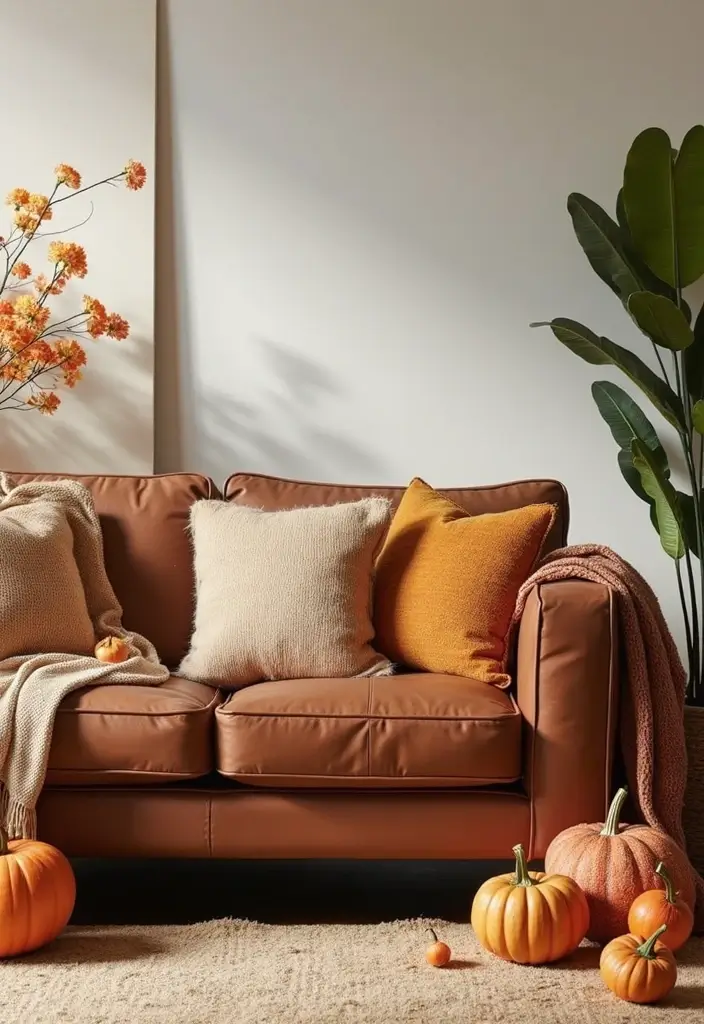 30 Brown Leather Couch Decor Ideas for Living Rooms - 21. Seasonal Decor 1