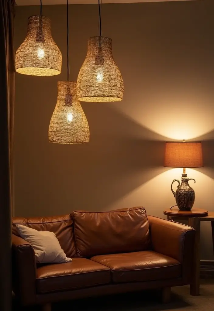 30 Brown Leather Couch Decor Ideas for Living Rooms - 23. Unique Lighting Fixtures 1