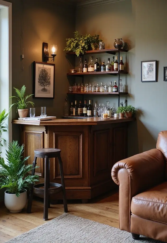30 Brown Leather Couch Decor Ideas for Living Rooms - 25. Cozy Corner Bar 1