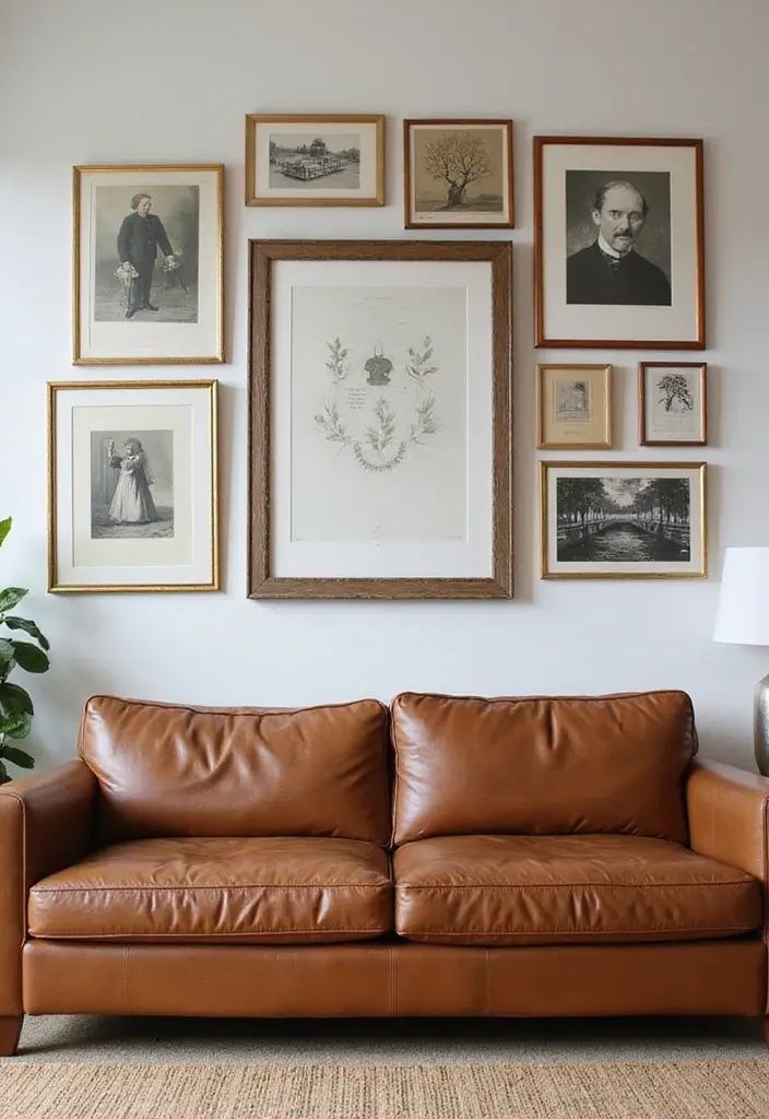 30 Brown Leather Couch Decor Ideas for Living Rooms - 27. Personal Art Collection 1