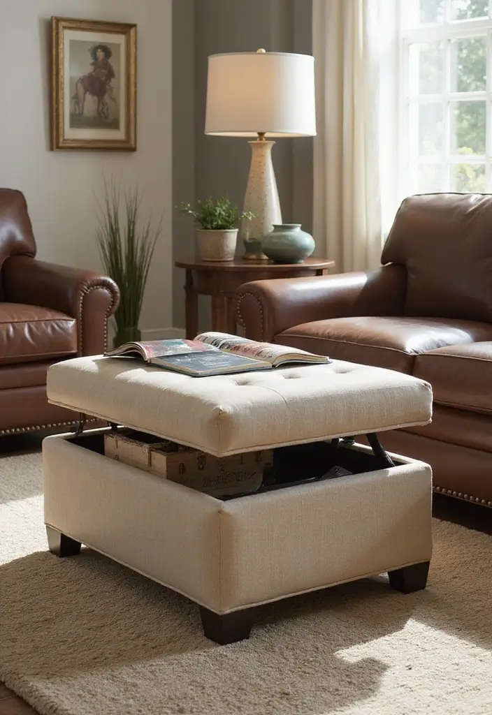 30 Brown Leather Couch Decor Ideas for Living Rooms - 28. Multi-Functional Furniture 1