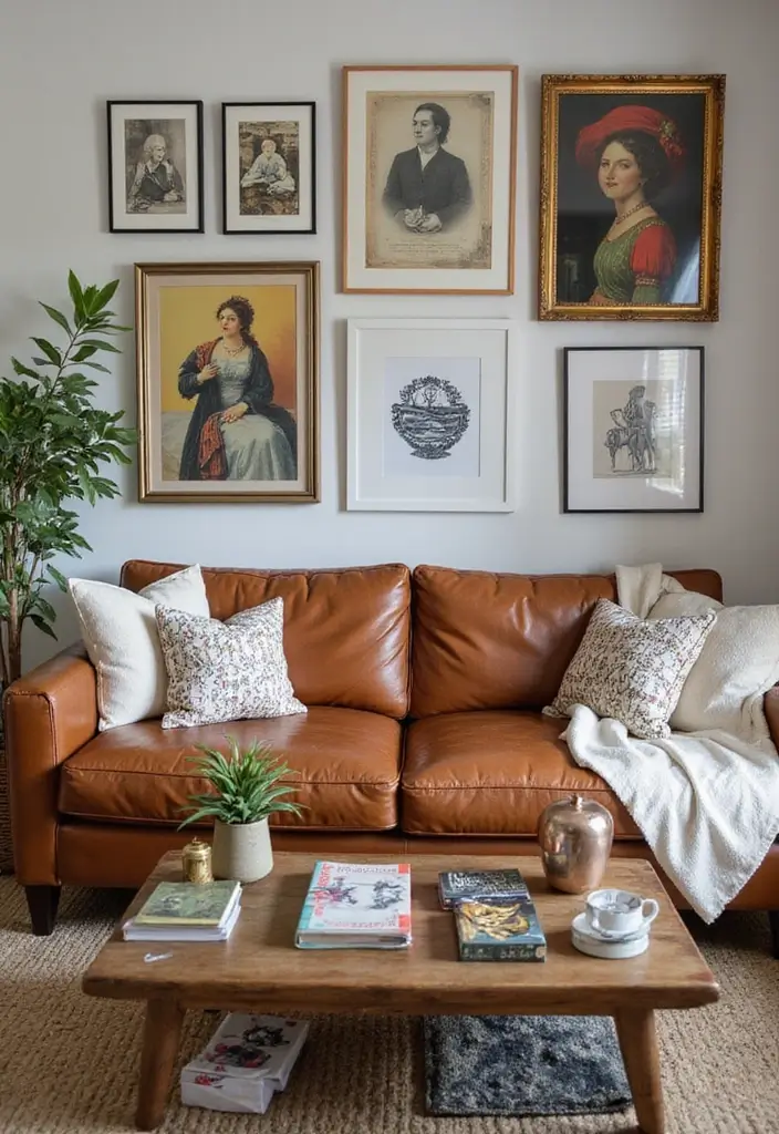 30 Brown Leather Couch Decor Ideas for Living Rooms - 29. Curated Collections 1