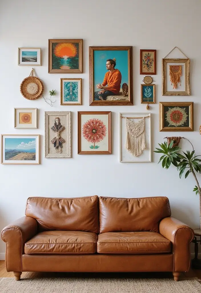 30 Brown Leather Couch Decor Ideas for Living Rooms - 3. Bohemian Wall Art 1