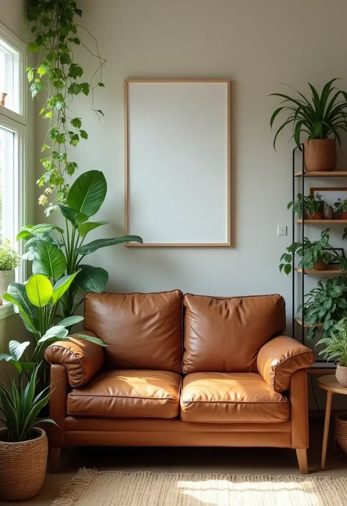 30 Brown Leather Couch Decor Ideas for Living Rooms - 4. Greenery and Natural Elements 1